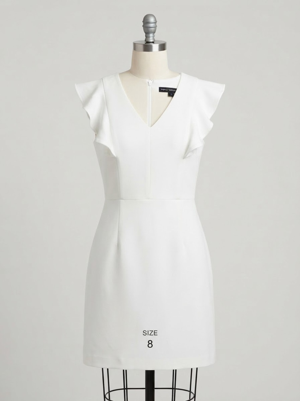 French Connection White V-Neck Ruffle Sleeve Sheath Dress